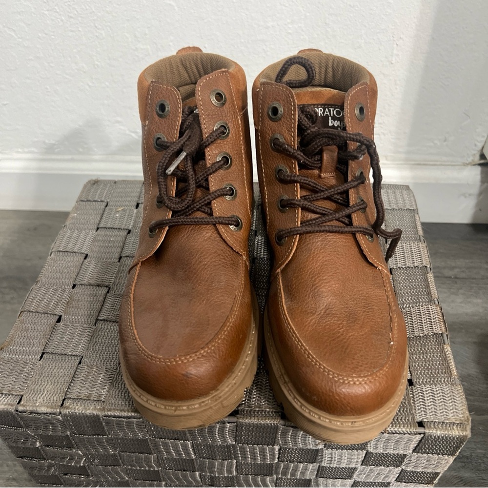 Kids Tan Brown Lace-Up Ankle Boots with Padded Collar